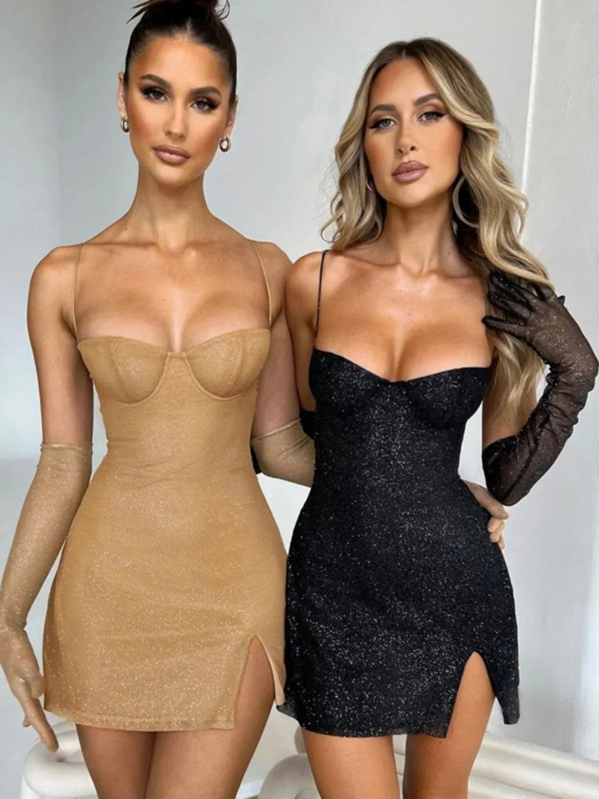 Sparkling Mesh Slip Mini Dress With Side Slit